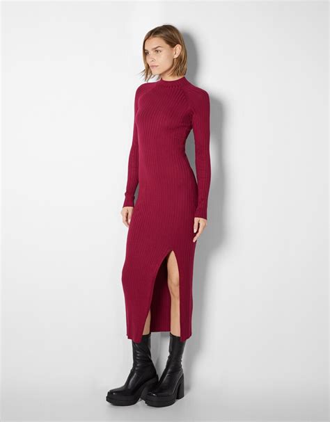 Ribbed High Neck Midi Dress Woman Bershka