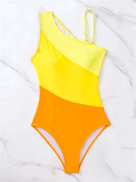 Shein Swim Vcay Colorblock Cut Out Asymmetrical Neck One Piece Swimsuit