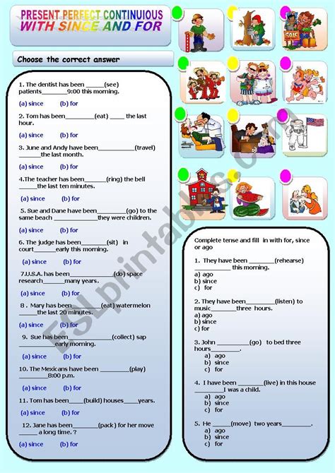 Present Perfect Continuous With Since And For With Answer Key Esl