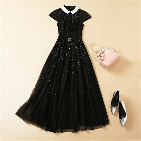 Black Belted Sheer Tulle Sequin Simple Black Maxi Dress With Cap Sleeves And Lapel Neckline 2023 ...