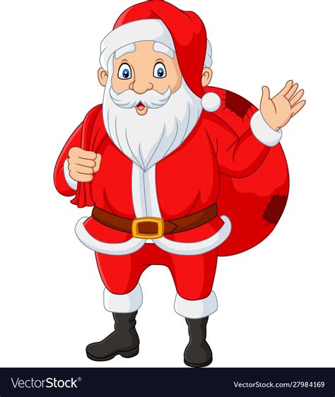 Santa Claus Carrying A Bag Presents Waving Vector Image