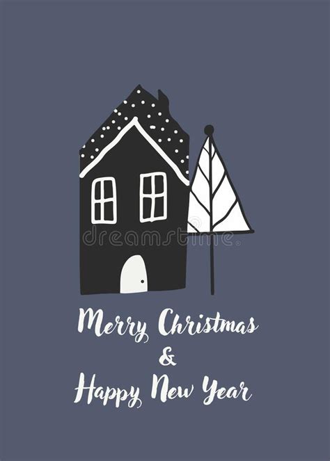 New Year Scandinavian House Postcard Black And White Doodle Nordic