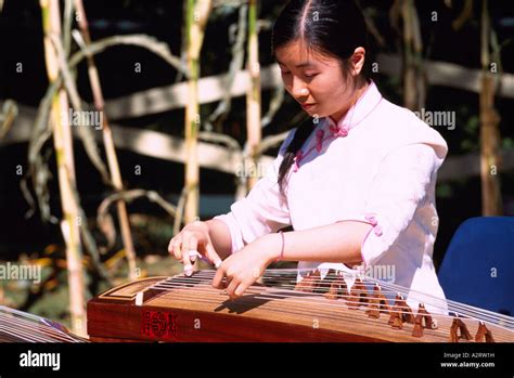 Oriental Woman Playing Chinese Zither Harp Aka Guzheng Vancouver