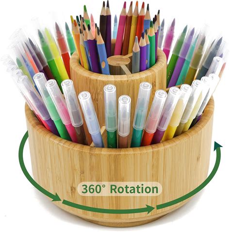 Vaefae Bamboo Pen Holder Organizer Round Rotating Art Supply Organizer Hold 420