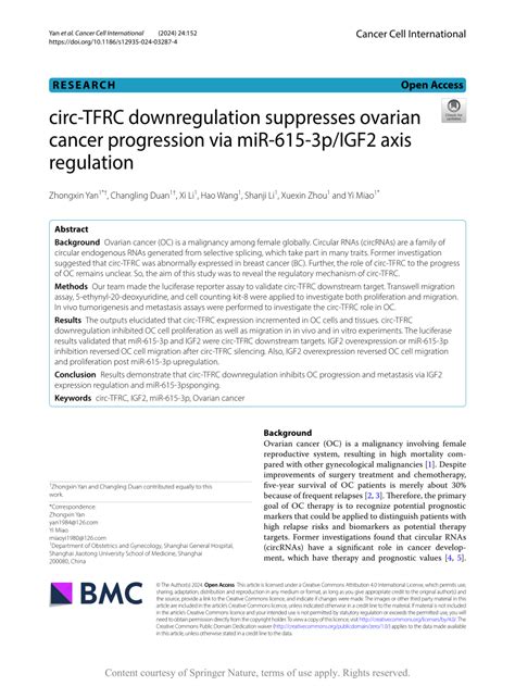 PDF Circ TFRC Downregulation Suppresses Ovarian Cancer Progression