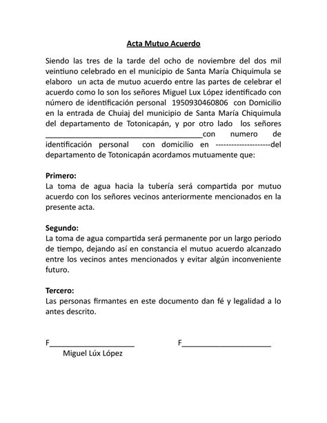 Acta Mutuo Acuerdo Acta Mutuo Acuerdo Siendo Las Tres De La Tarde Del