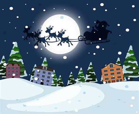 Silhouette Santa Riding Sleigh Over Town 591241 Vector Art At Vecteezy