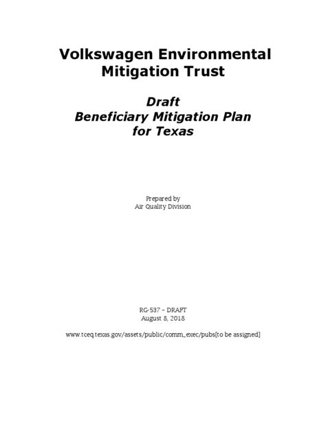 Texas Draft Mitigation Plan For Volkswagen Settlement Pdf Air