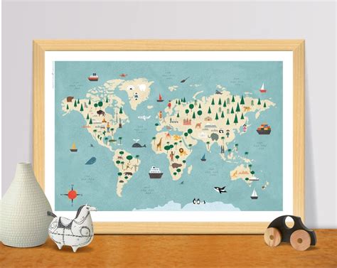 Illustrated World Map for Kids Watercolor Landmarks Continents - Etsy