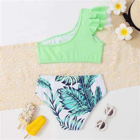 Two Piece Girl S Swimsuit Cute Ruffles With Flower Printing Bikini