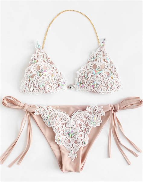 Lace Overlay Rhinestone Bikini Set Rhinestone Bikini Lace Bikini