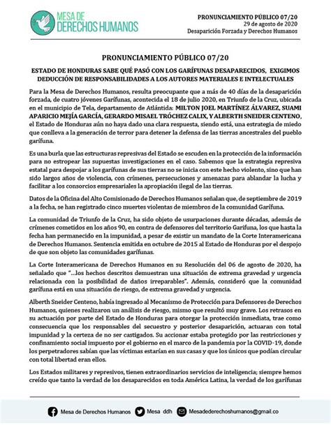 HONDURAS TIERRA LIBRE Honduras Mesa De Derechos Humanos Estado De