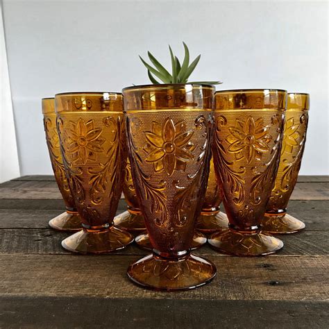 Amber Tiara Sandwich Footed Iced Tea Glasses Set Of 4 Indiana Etsy Mid Century Glassware