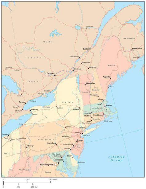 USA Northeast Region Map with State Boundaries, Roads, Capital and Maj