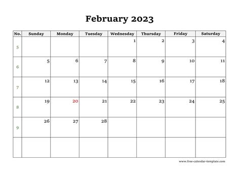 Simple February Calendar 2023 Large Box On Each Day For Notes Free