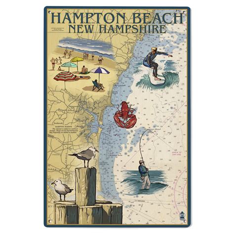 Hampton Beach, New Hampshire, Nautical Chart Birch Wood Wall Sign (6x9