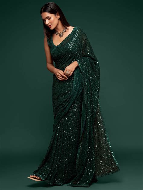 Dark Green Georgette Sequined Saree Fancy Sarees Stylish Sarees