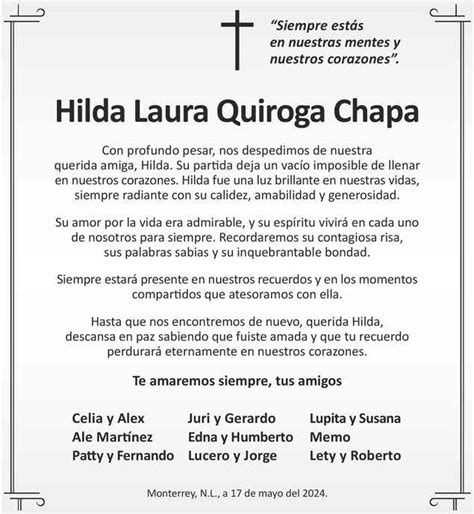 Hilda Laura Quiroga Chapa Obituario Esquela