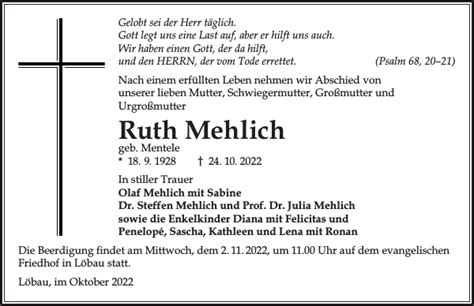 Ruth Mehlich Traueranzeige S Chsische Zeitung