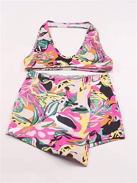 Sexy Beach Style Two Piece Set Women Colorful Print Halter V Neck