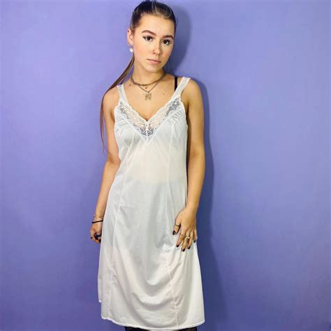 Vintage S White Satin Lace Trim Slip Dress Size Depop