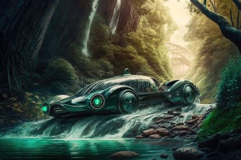 Futuristic Car With Driver Enjoying The View Of Towering Trees And