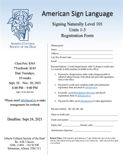 Fillable Online Asl Classes Registration Form L A Docx Fax Email