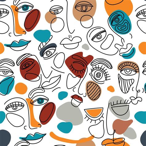 Seamless pattern face line art. surreal face painting with color shapes ...