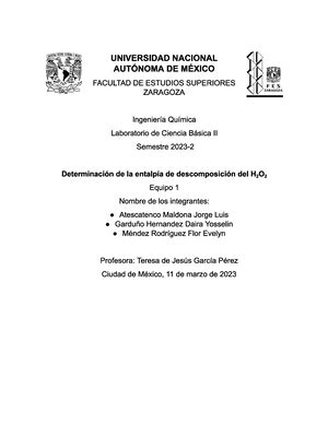 Informe I Calorimetr A Universidad Nacional Aut Noma De M Xico