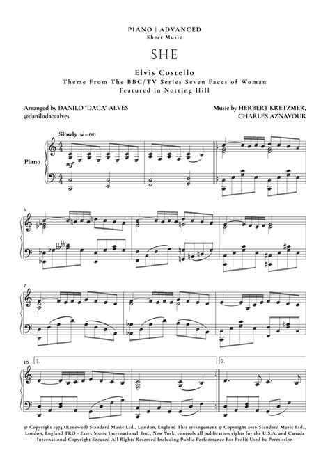 She Arr Danilo Daca Alves By Elvis Costello Sheet Music For Piano