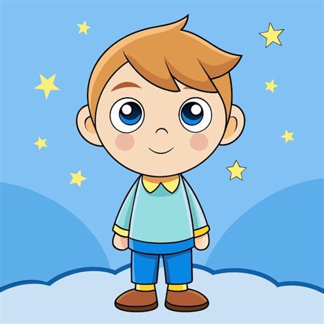 Una caricatura de un niño con un fondo azul con estrellas y un fondo