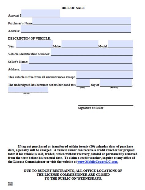 Free Mobile County Alabama Bill Of Sale Form Pdf Word Doc