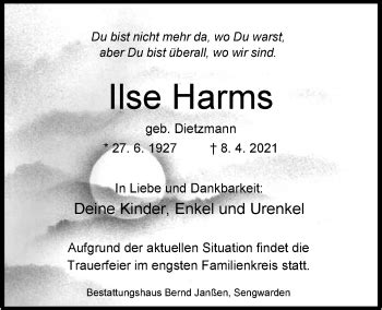 Traueranzeigen Von Ilse Harms Nordwest Trauer De