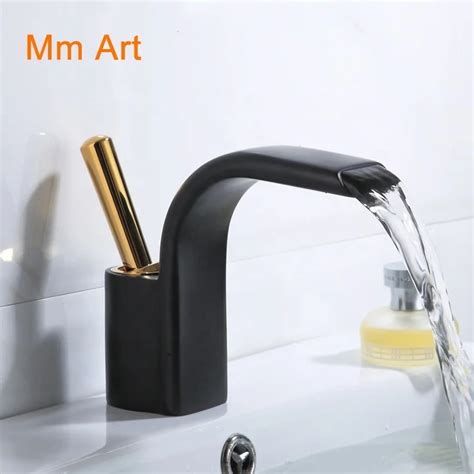 Newest Deck Mount Brass Black And Gold Waterfall Bathroom Sink Mixers