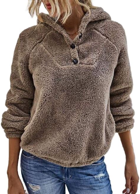 Hower Womens Oversized Button Sherpa Pullover Hoodie With Pockets