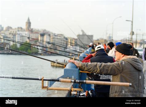 Istanbul Turkey May Fishermen Are Seen Fishing With Their