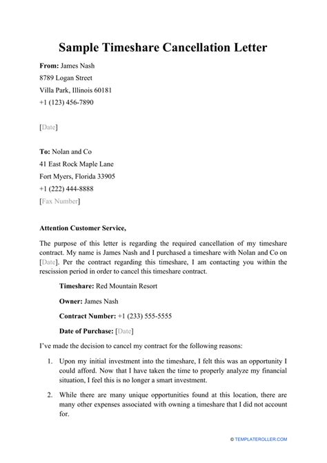 Sample Timeshare Cancellation Letter Download Printable Pdf