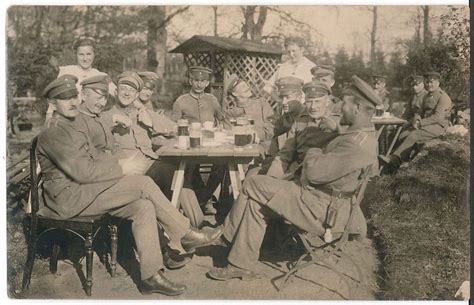 Ww1 German Photo Postcard Soldiers Drinking Beer And Coffee Outdoors Rppc