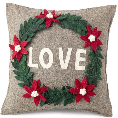 Handmade Pillow In Hand Felted Wool Love Wreath On Gray 20 Wool