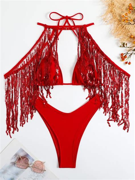 Sequin Fringe Halter Triangle Bikini Swimsuit Shein Usa