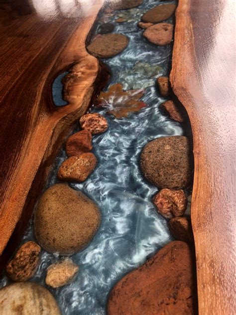 9ft Walnut Live Edge River Table With Stone And Leaves Etsy Epoxy