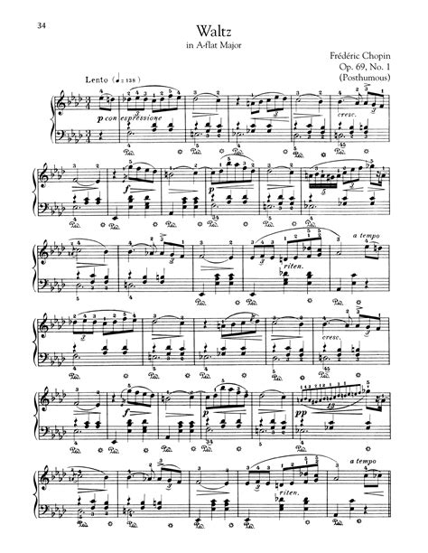 Waltz In A Flat Major Op 69 No 1 by Frédéric Chopin Sheet Music for