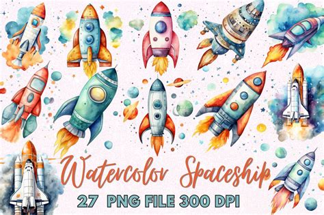 Spaceship Watercolor Clipart Bundle - So Fontsy