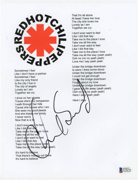 Chad Smith Signed Red Hot Chili Peppers Under The Bridge Lyrics X Photo Beckett Coa