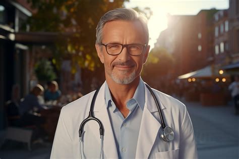 Hombre de mediana edad en el medio de la ciudad con uniforme de médico