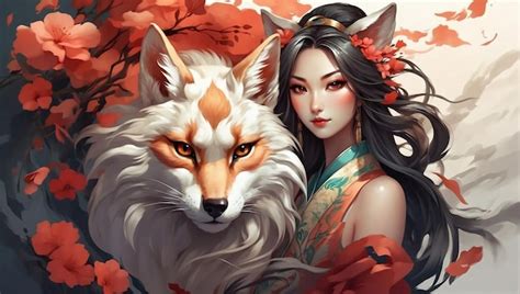 Premium AI Image | Beautiful kitsune with woman face fantasy art asian folklore concept