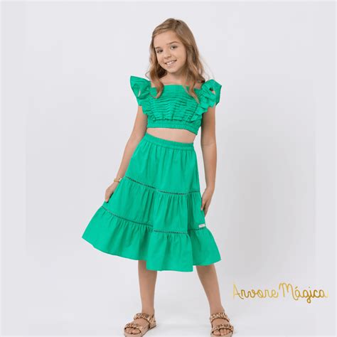 Conjunto Infantil Um Mais Um Verde Cropped Saia