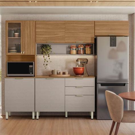 Cozinha Completa Alba 8 Portas 2 Gavetas Vidro Amêndola Nude Prime Tx Demóbile Demobile