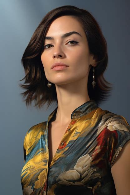 Premium AI Image Beautiful Petite Brunette In A Colorful Patterned Blouse
