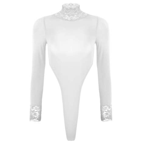 Buy Womens Sheer See Through Long Sleeve Mock Neck Leotard High Cut